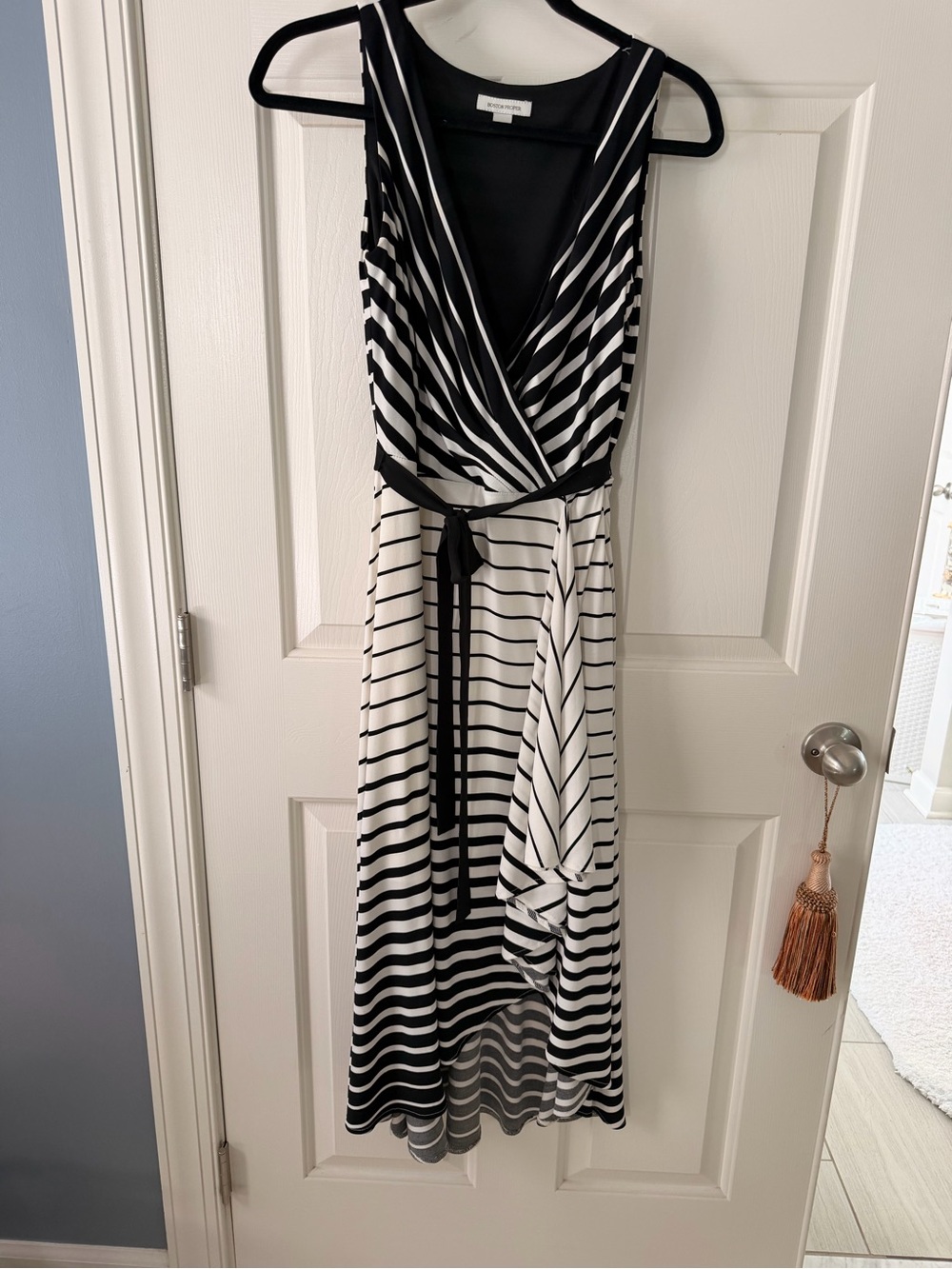 Boston Proper Black and White Striped High-Low Wrap Dress